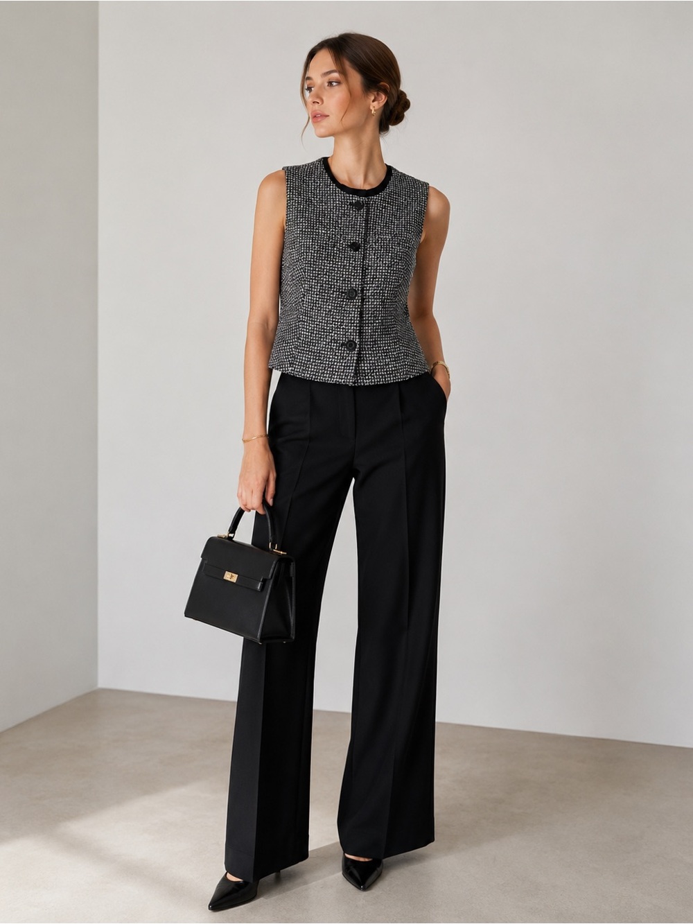 NWT DKNY Tweed Button Front Vest Size 8 Black White Style UK5TV354 MSRP $99